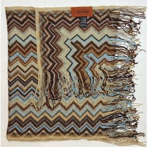 Missoni Metallic Scarf Light Blue Tan Brown Gold Silver Chevron Made in Italy